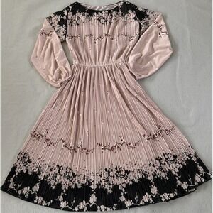 Hal Ferman union made 80s Pink Black Floral Pleated Midi Dress Sz S/M VTG